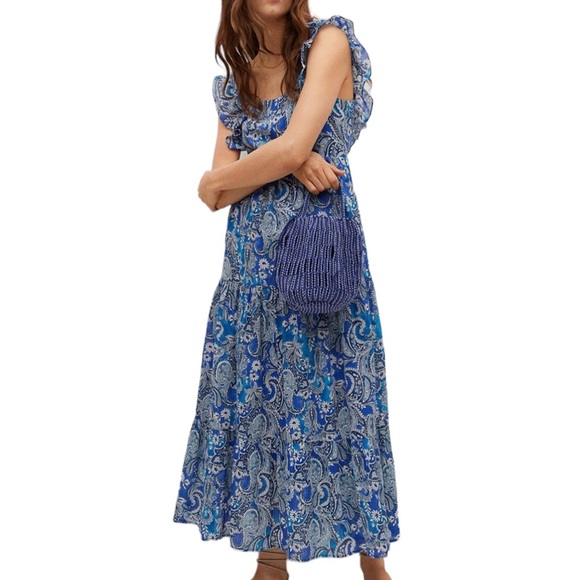 Mango Dresses & Skirts - MANGO Paisley Print Flutter Sleeve Tied Back Tiered Midi Maxi Dress Blue 6